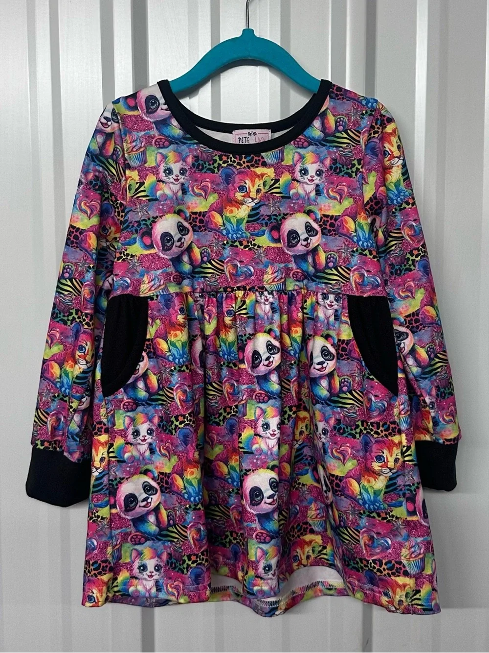 Girls Pete & Lucy Rainbow Animal Print Twirl Dress Long Sleeve Pockets Colorful